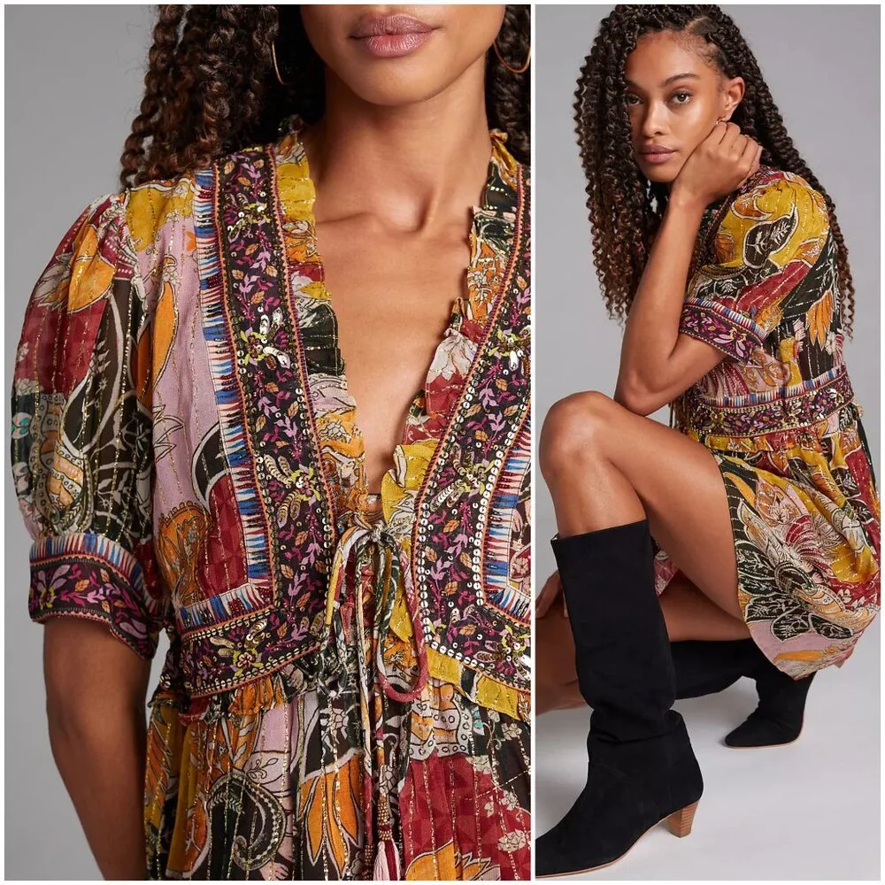 Anthropologie Beaded Shimmer Mini Dress M medium Verb metallic v-neck red yellow